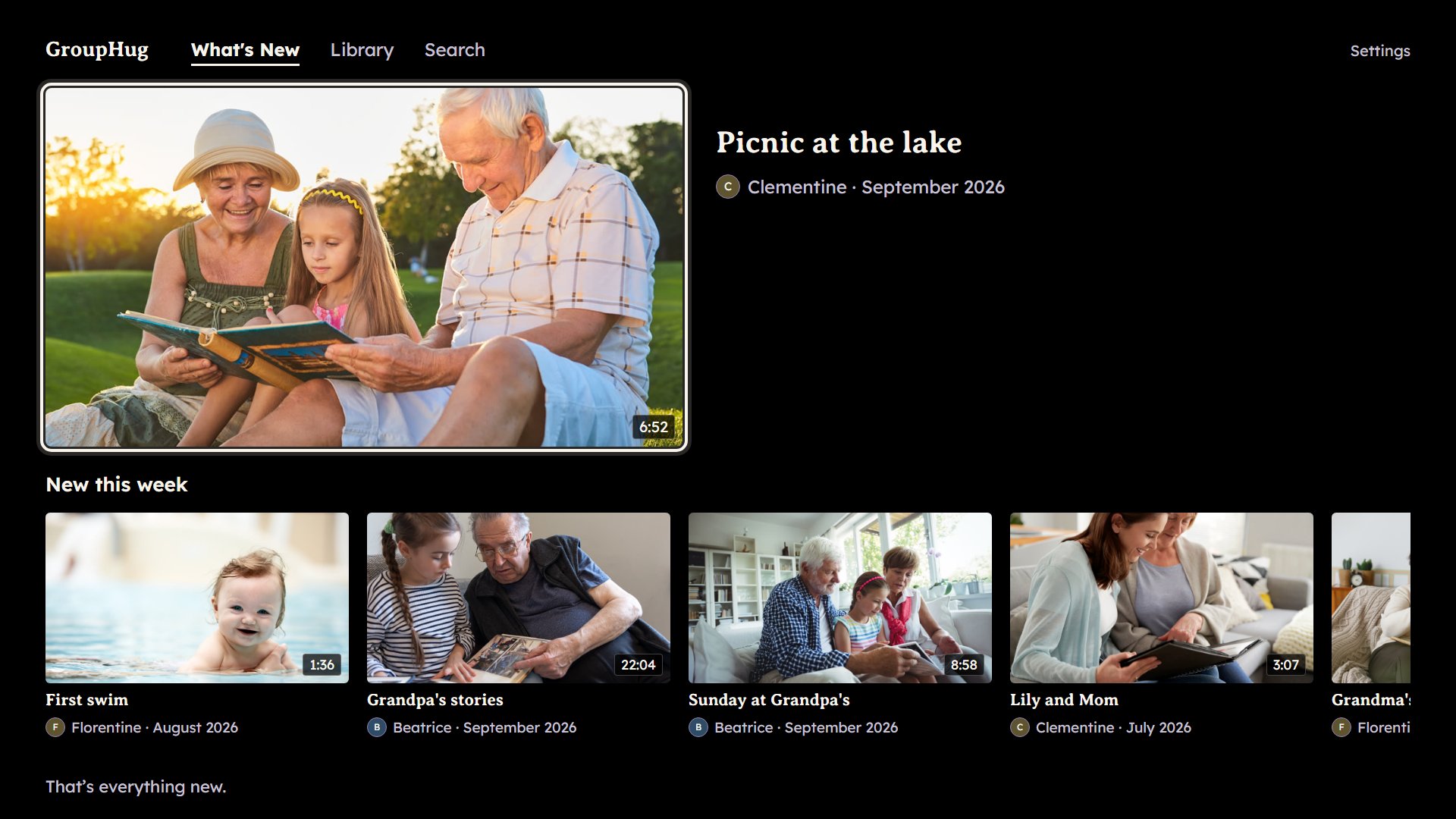 GroupHug on a TV, open on What's New: the newest videos and photos the family shared.